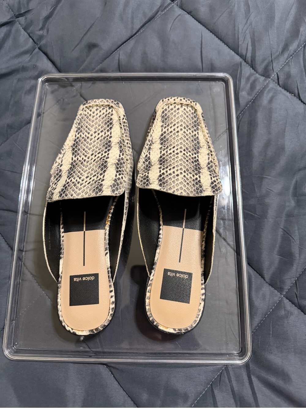 Dolce Vita Beige & Black Snake-Print Backless Mules